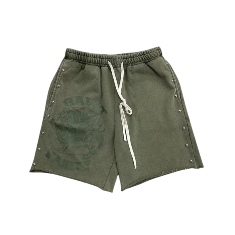 Saint Vanity Terry Studded Shorts Olive